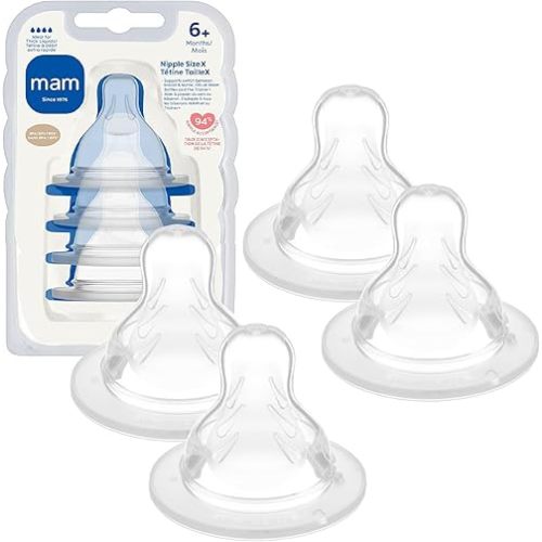 MAM Baby Bottle Nipples Extra Fast Flow Size X, for 6+ Month Babies, Skin Soft BPA Free Silicone, 94% Nipple Acceptance, Fits All MAM Bottles, Developed with Medical Experts, 4 Pack, Made in Europe