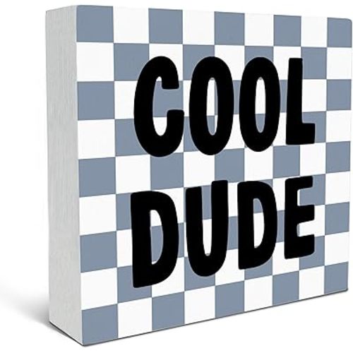 SRADMO Cool Dude Wood Box Sign Desk Decor, Blue and White Boho Beige Preppy Wooden Block Box Sign Decoration for Teen Boys Bedroom College Dorm Gamer Room Wall Shelf Table Decorative Accessories