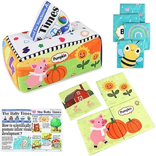 KUANGO Juguetes para bebés de 6 a 12 meses, caja de pañuelos, juguetes Montessori suaves y arrugados para bebés de 6, 7, 8, 9, 10 meses, juguetes sensoriales para recién nacidos, regalos para bebés y