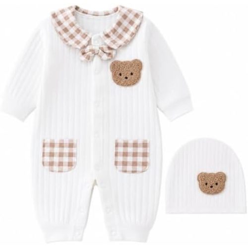 Boy Cotton Romper with Bowtie,Newborn Long Sleeve Unisex Bear Onesie,Baby Boy & Girl Warm Clothes