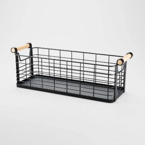 6.25'' x 17.75'' x 6'' Medium Rectangular Wire Natural Wood Handles Basket Black - Brightroom™