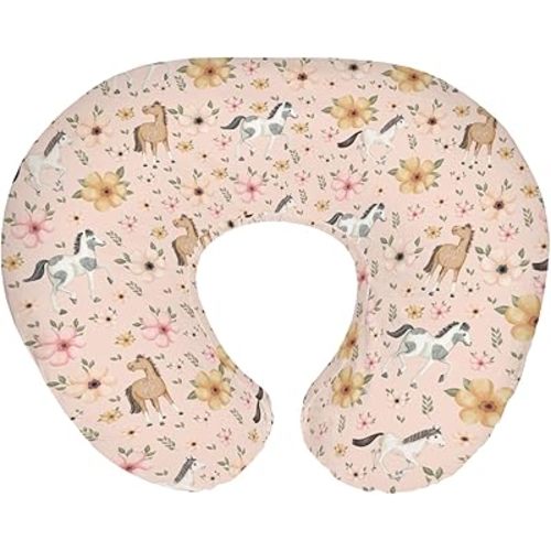 Watercolor Horse Floral Baby Nursing Pillow Covers for Boy Girl Running Horses Boho Flowers Nursery Feeding Pillowcase for Breastfeeding Wild Animals Soft Stretchy Removable Covers for Newborn Infant
