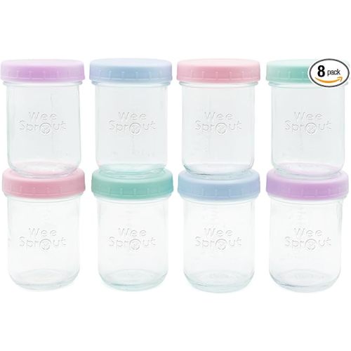 WeeSprout Baby Food Storage Glass Jars w/Lids (8 oz, 8 Pack) Pastel Variety, Snack, Reusable Small Containers, Fridge or Freezer, Microwave & Dishwasher Safe, Essentials for Infants