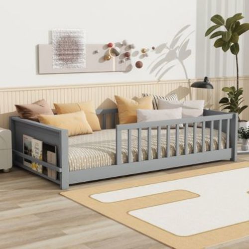 Twin Size Floor Bed with Guardrail for Kids, Wood Platform Bed with Built-in Book Rack for Bedroom, Gray