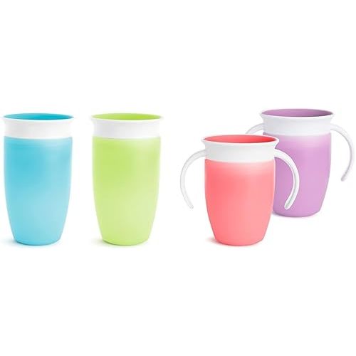 Munchkin® Miracle® 360 Toddler Sippy Cup, Spill Proof, 10 Ounce, 2 Pack, Green/Blue & ® Miracle® 360 Trainer Sippy Cup with Handles, Spill Proof, 7 Ounce, 2 Pack, Pink/Purple