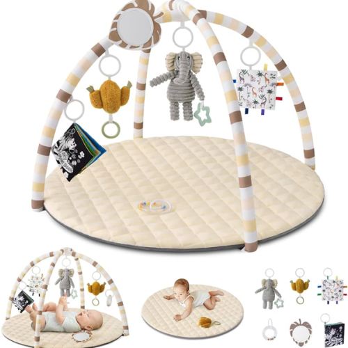 Blissful Diary Baby Play Gym Mat, Tummy Time Activity Mat with 6 Detachable Toys for Stage-Based Sensory & Motor Skill Development, Easy to Install & Clean, Baby Essentials Gift, Sandy Beige