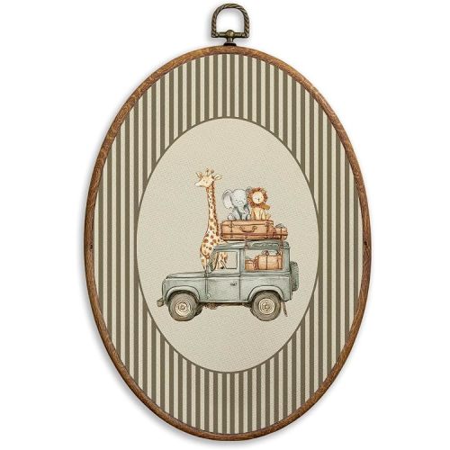 SONMYSULIL Vintage Jungle Animal Nursery Car Wall Art Decor, Kids Room Oval Wall Hanging Decor, Giraffe Elephant Lion Framed Canvas Prints for Kids Nursery Home Room Bedroom Playroom, 8.6x11.4 Inch
