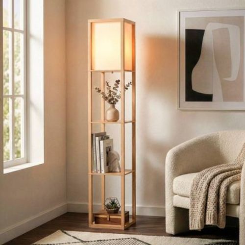 Brightech Maxwell Mid-Century (Includes LED Light Bulb) Column Shelf Floor Lamp Polished Natural Wood