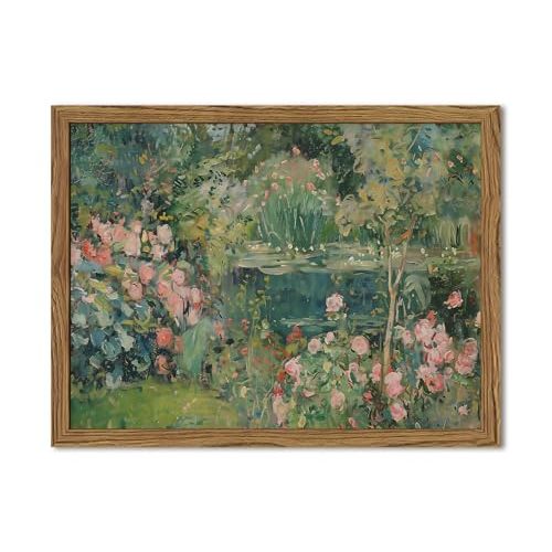 Framed Vintage Floral Landscape Canvas Wall Art, Rose Garden Pond Wall Decor Paintings, Rustic Cottagecore Nature Plant Pictures Prints Aesthetic Home Decor for Living Room Bedroom Bathroom 8x10 inch