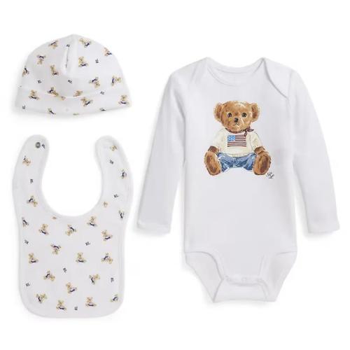 Ralph Lauren Baby - 3Pk Long-Sleeve Interlock Novelty Bear Graphic Bodysuit, Hat, Bib Mult