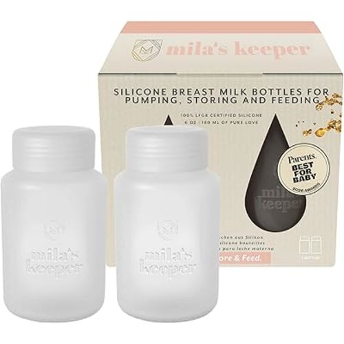 Mila's Keeper Silicone Breast Milk Storage Bottles | Daycare Approved | 100% Plastic Free Baby Bottle | 3 in 1 Pumping, Storing, Feeding | Standard Neck, Aspen White, 6oz, Set of 2
