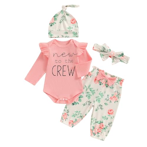 Madjtlqy Newborn Baby Girl Fall Winter Clothes Infant Coming Home Outfit | Long Sleeve Ribbed Romper Top Bow Pants Headband Hat Set,Cute Baby Girl Clothes,Newborn Girl Clothes,Baby Girl Clothing Set