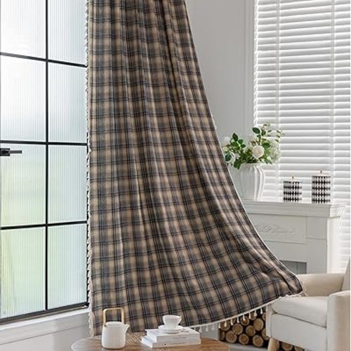 Plaid Curtain 59W x 96L Inches,2 Panel Light Filtering Privacy Rod Pocket, Vintage Handmade Tassels Country Decor Drapery.Drape Textured Tartan Curtain for Living Room Bedroom (Coffee)