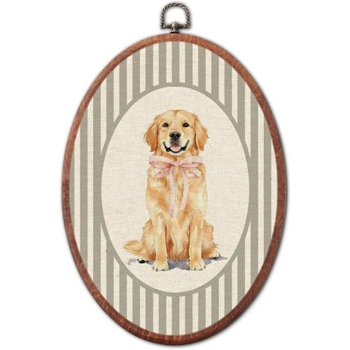 Vintage Golden Retriever Pink Bow Nursery Oval Wall Art Framed Canvas | grey striped prints,retro boy or girl gift hanging wall decor for kids toddler room bedroom playroom, 8.6x11.4 inch