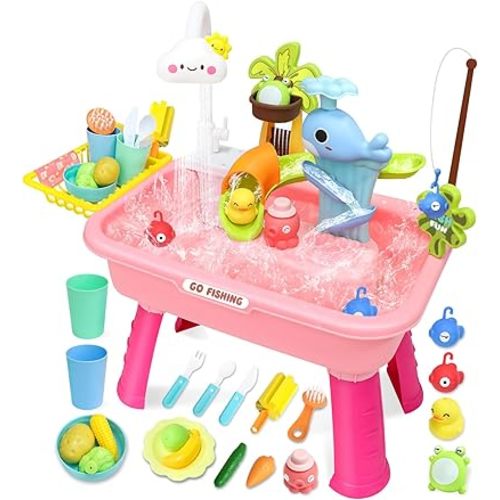 Water Play Table for Toddlers 1-3, Kids Play Sink with Electric Faucet, Outdoor Water Table with Fishing Game, Summer Baby Water Sensory Toy for Toddlers 1-3 Years(Pink)