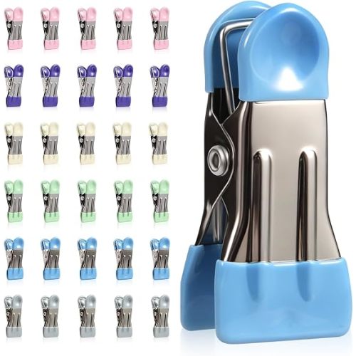 Heavy Duty Clothes Pins, 30 Pack 2.17 Inch Stainless Steel Chip Clips with Rubber, 6 Colors Metal Clothespins, Multipurpose Bag Clips for Food Storage, Laundry Clothesline, Socks (Multicolor)