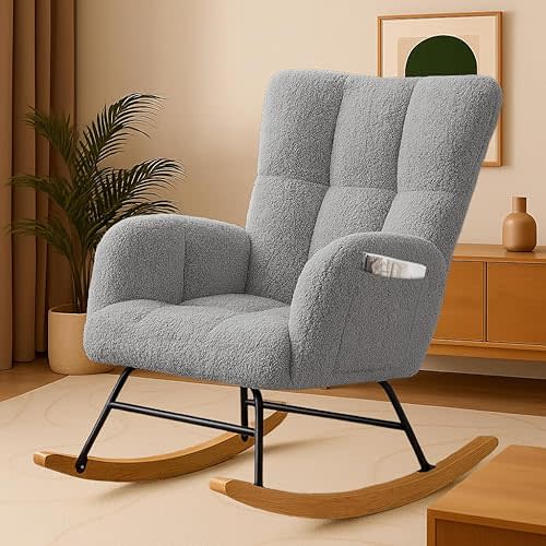 COMHOMA Nursery Rocking Chair, Teddy Upholstered Glider Rocking Chair with Side Pockets, Accent Chair with High Backrest Reading Chair for Adult, Nursery, Bedroom, Living Room,Offices(Grey)