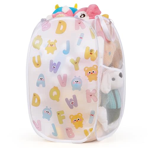 Collapsible Pop Up Hamper for Baby Clothes or Toys Storage, Mesh Hamper with Handles & Side Pocket, Multi-Use Laundry Hamper & Toy Basket, Portable for Home, Travel, Dorm(White-Vertical)