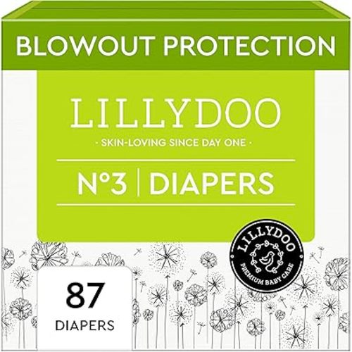 LILLYDOO Baby Diapers - Size 3 (13-22 lbs), Half-Monthly Supply (87 Count), Leak Protection, Skin-Friendly, Ultrasoft, Perfume- & Chlorine-Free, Hypoallergenic, Dermatologist Tested, Oeko-TEX®