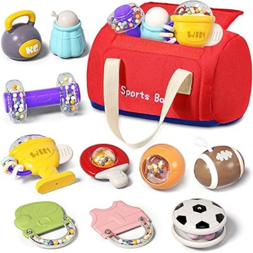 STACTCUTE 11 Pcs Baby Rattles Teether Toys Set, Sports Themed Gym Toy Bag for Infants 0-6 6-12 Months, Dumbbell & Ball Sensory Teething Toys, Newborn Boy Stuff 1st Birthday Shower Gifts