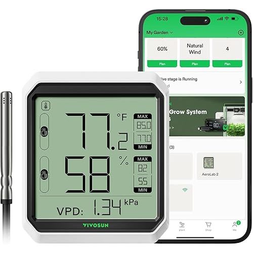 VIVOSUN AeroLab THB1S Wireless Bluetooth Hygrometer Thermometer Indoor, VPD, Digital Temp Humidity Meter, LCD Smart App Control & Alert, Data Storage, Dual Channels with Sensor Probe, Battery Included
