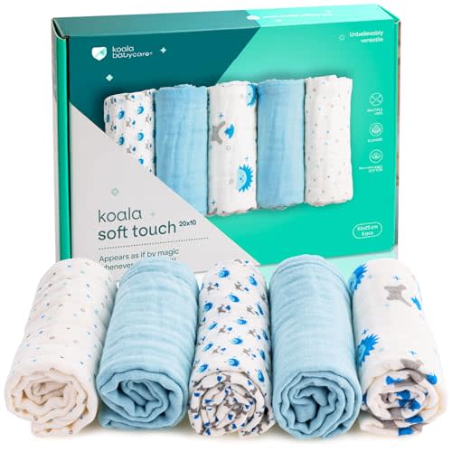 Koala Babycare 5 Pack 20"x10" Organic Burp Cloths for Baby Boys and Girls - GOTS & OEKO-TEX Cotton Burp Rags for Newborns - Absorbent Neutral Burping Cloths for Feeding - Washable Baby Bibs Essentials