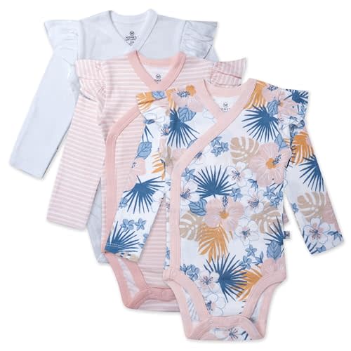 3 Pack Long Sleeve Side Snap Ruffle Shoulder Bodysuit 100% Organic Cotton for Infant Baby and Toddler Girls