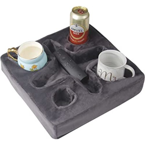 Couch and Bed Cup Holder Pillow, Sofa Refreshment Tray for Drinks/Remote Control/Snacks Holder (Gray)