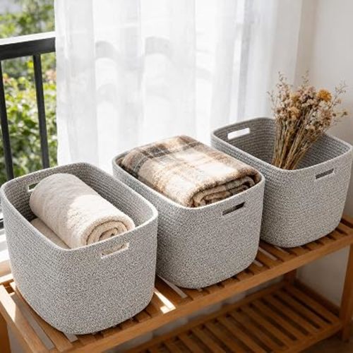 3 Pack Woven Rope Storage Baskets for Organizing,13.5"×11"×9.5"Storage Bins for Shelves,Perfect for Toys,Books,Towels,Clothes,Empty Gift Baskets for Nursery,Living Room&Bedroom(Mix Grey)