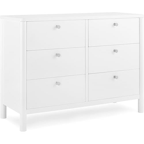 Delta Children Brooks 6 Drawer Dresser with Interlocking Drawers (Includes 3 Sets of Knobs – Choose from Natural, Brushed Nickel & Melted Bronze), Bianca White