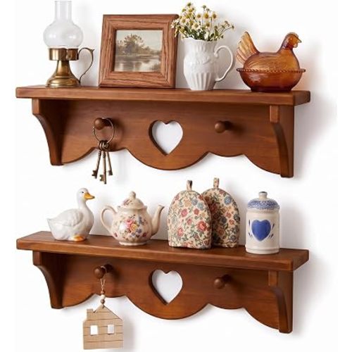 80s Vintage Heart Shelf Set of 2, Solid Pine Wood Wooden Floating Shelves with Peg Hooks, Cottage Core Decor Vintage Wall Heart Cutout Shelves for Living Room Bedroom, No Assembly Needed