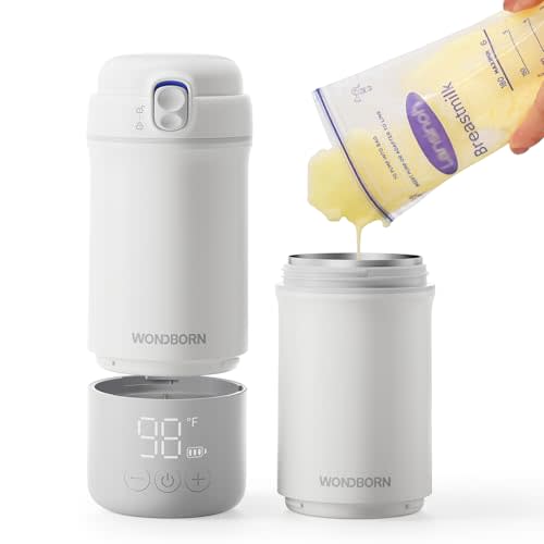 WONDBORN Portable Bottle Warmer for Travel, Dishwasher Safe, 3X Faster & Even Heating, 8 Feeds per Charge, 17oz, 1℉ Precise Adjust, Thaw, Keep Warm, Use While Charging, for Breastmilk & Formula