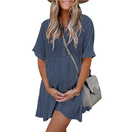 PYGFEMR Women's Short Sleeve Babydoll Dress Button Down Dresses with Pockets