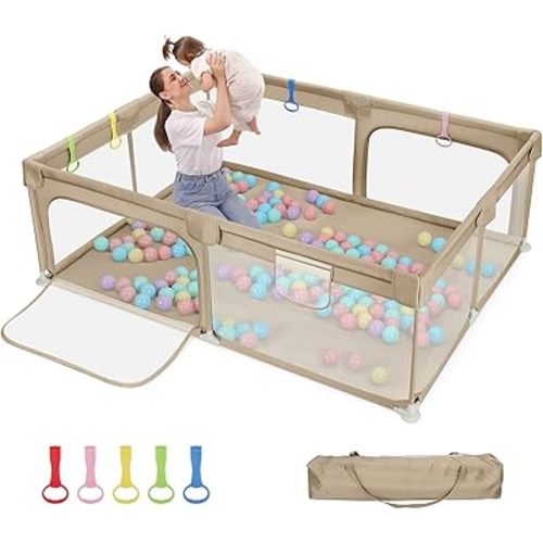 Dripex Large Baby Playpen 71×59 Inch, Large Playpen for Babies and Toddlers- Indoor & Outdoor Kids Safe Play Yard, Soft Breathable Visible Mesh, Anti-Fall & Anti-Slip Design Baby Fence, Khaki