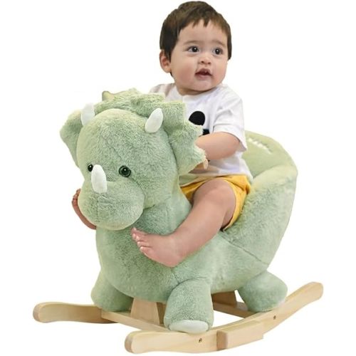 Rocking Horse Green Dinosaur with Chair, Plush Stuffed Animal Rocker for Toddlers 1-3, Baby Rocker with Sweet Music, Wooden Rocking Horse Baby Animal Rocker,CPC Certified