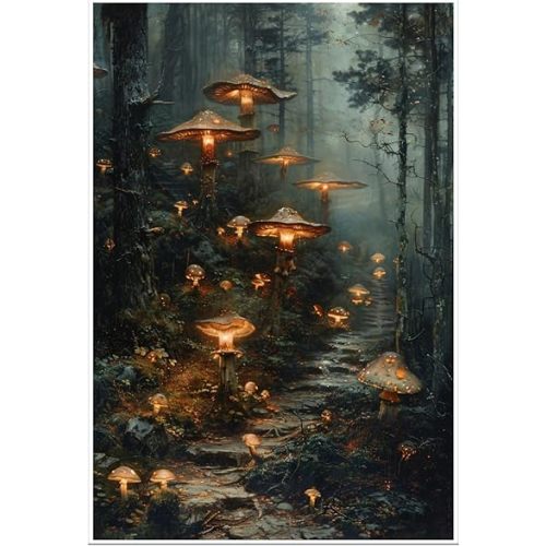 Fantasy Woodland Wall Art Magical Forest Posters Nature Scene Decor Night Plant Print Canvas Dark Academia Mushroom Whimsical Fungi Pictures for Living Room Bedroom Home Painting 12x16inch Unframed