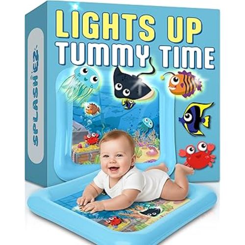 SplashEZ Lights Up Tummy Time Water Mat for Babies, Large Baby Water Mat Tummy Time for Sensory Play with LED Glowing Fishes, Inflatable Fun Play Pad for Infants & Toddlers 3 to 36 mo