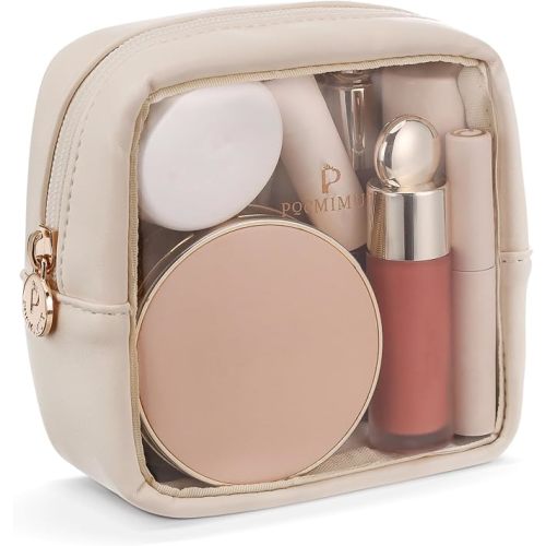Clear Makeup Bag,Easy to Find Mini Makeup Bag for Purse,Travel Makeup Bag for Car, Compact Cosmetic Pouch for Daily Essentials,Beige