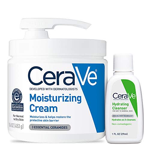 CeraVe Moisturizing Cream Combo Pack, Contains 16 Ounce with Pump & 1 Ounce Hydrating Facial Cleanser, Dry Skin Relief