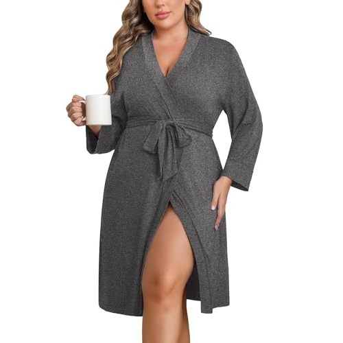 Ekouaer Women Plus Size Robe Knee Length Lightweight Bathrobe Short Kimono Robes with Pockets Maternity Robe | V Neck, Knee Length, Lightweight Soft Comfy Ladies Sleepwear, Maternity Robes, 1X-5X