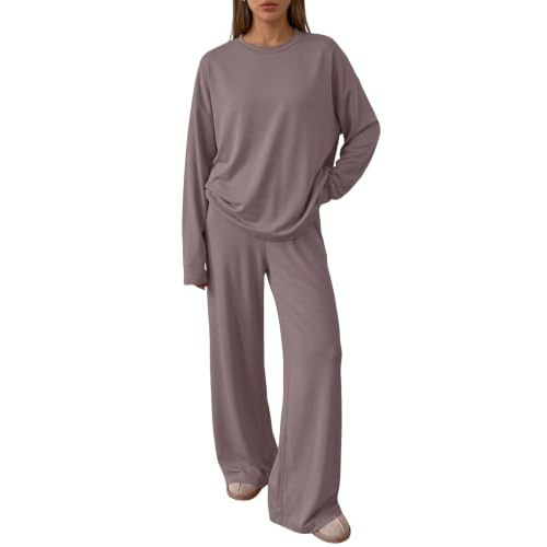 Trendy Queen Womens 2 Piece Fall Lounge Sets Oversized Tops Wide Leg Pants | Airport Travel Outfits,Comfy Matching Clothes,Winter Sweatsuit,Workout Tracksuit for Gym,Fashion 2026,Everyday Wear