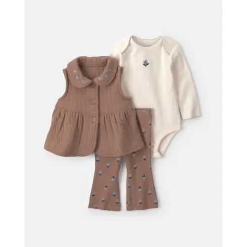 Baby Girl 3-Piece Flower Quilted Long-Sleeve Layering Set - Brown/Cream | Carter's