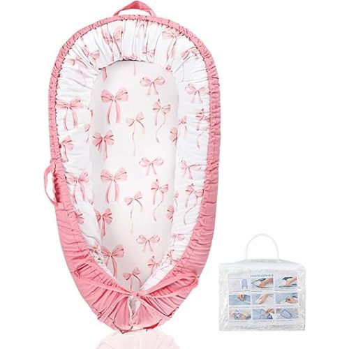 Baby Lounger Pillow with 100% Cotton Newborn Nest Backup Cover for Ultimate Comfort, Soft & Breathable Infant Nest Cover for Baby Girls, Pink Bow