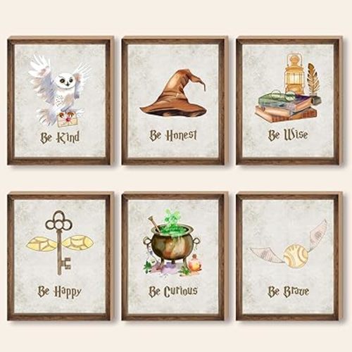 Vintage Magical Girls Room Wall Art Prints Decor,Wizard Owl Magic Book Magic Key Magic Hat Magic Ball Wall Prints,Wizarding School Inspired Saying Be Kind&Be Honest&Be Happy Posters for Baby Kids Boys Room Nursery Decor Home Decoration,Set of 6(8"x10"inch