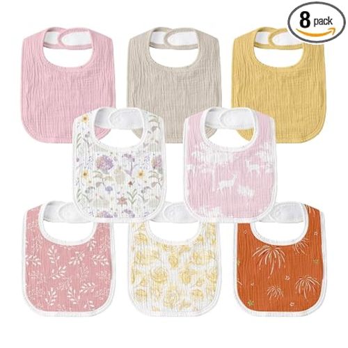 Muslin Bibs for Baby Girl, Adjustable Fit for Drooling and Teething Toddler | 8Pk, 100% Cotton Surface & Multi-Layer Absorbent Core, Shrink-resistant & Fade-Proof, Gentle on Sensitive Newborn skin