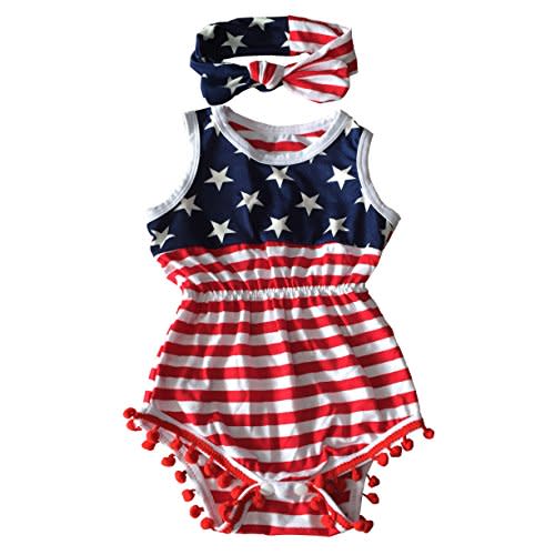 Qin.Orianna 4th of July Toddler Baby Girl American Flag Tassel Romper with Headband