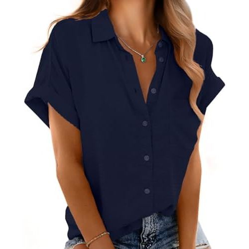 Button Down Short Sleeve Shirts for Women V Neck Loose Roll Up Collared Shirt Casual Summer Tops with Pockets