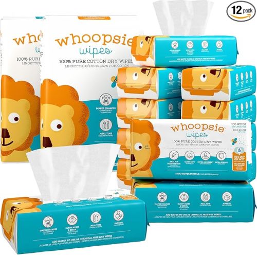 Whoopsie Wipes – The Original 100% Pure Cotton Dry Baby Wipes – Ultra Soft, Unscented, Chemical-Free Wipes for Sensitive Skin – Use Dry or Add Water for Wet Wipes – 12 Packs (1200 Count)