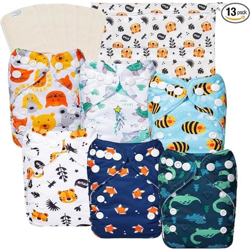 babygoal Newborn Cloth Diapers Pack of 13 for 5-12lbs Preemie Boy, Cloth Diaper Covers 6 Pack with 6pcs Inserts and Wet Bag, Reusable Washable & Waterproof