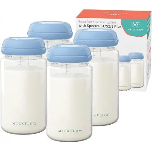Breast Milk Storage Bottles, 4 Pack 10oz/300ml Wide Neck BPA-Free Plastic Bottles for Pumping, Compatible with Spectra S1/S2/9 Plus/SG & Motif Luna, Leak-Proof Lids for Storage, Feeding & Travel,Blue